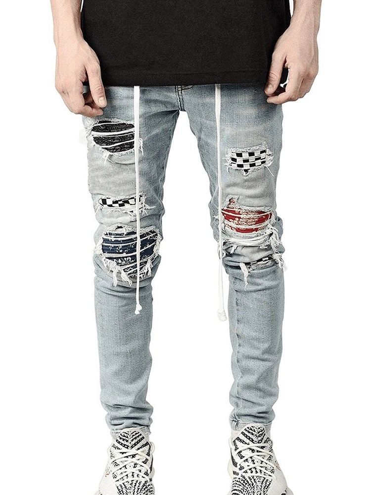 Bleistifthose Plaid Patchwork Mid Waist Hip Hop Herren Jeans