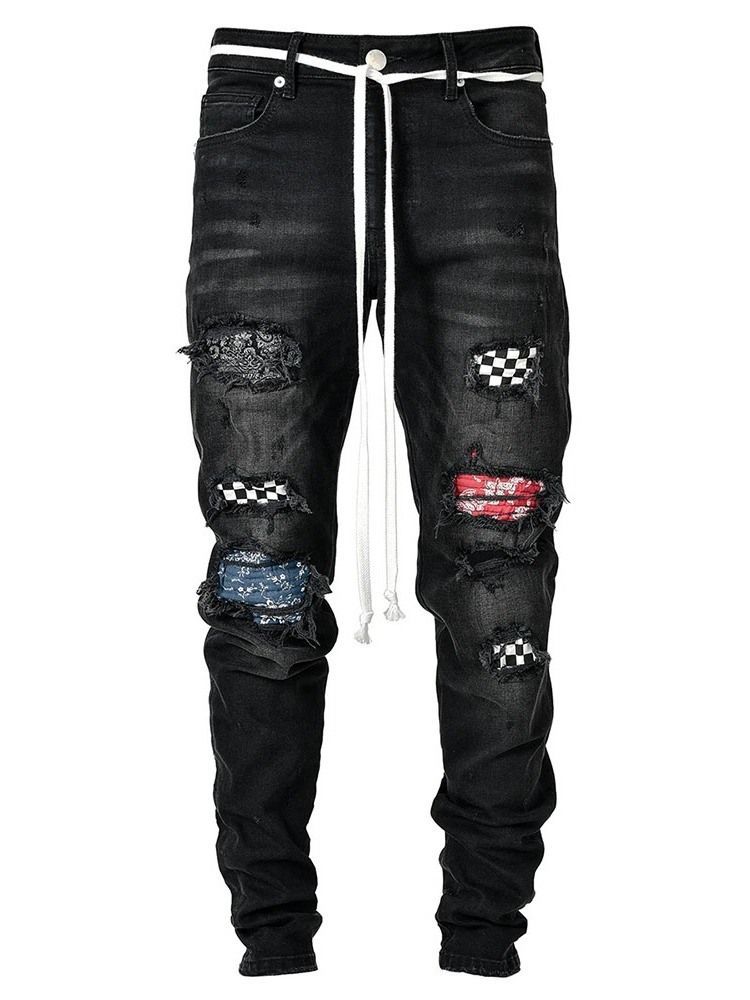 Bleistifthose Plaid Patchwork Mid Waist Hip Hop Herren Jeans