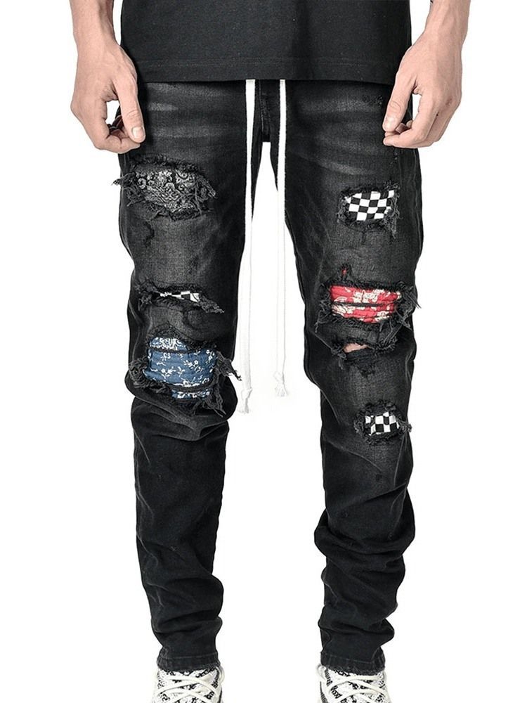 Bleistifthose Plaid Patchwork Mid Waist Hip Hop Herren Jeans