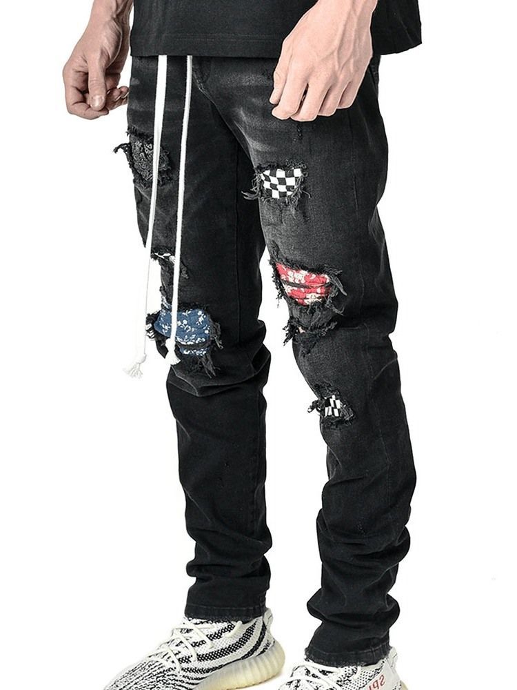 Bleistifthose Plaid Patchwork Mid Waist Hip Hop Herren Jeans