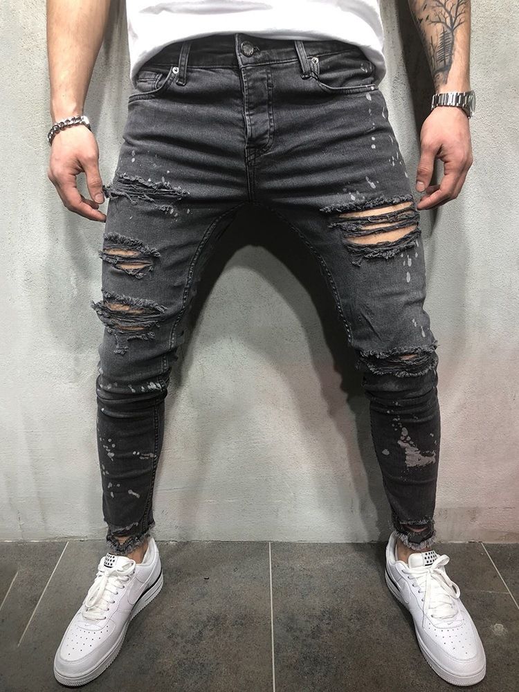 Bleistiftloch Schlichte Lässige Herrenjeans Mit Mittlerer Taille