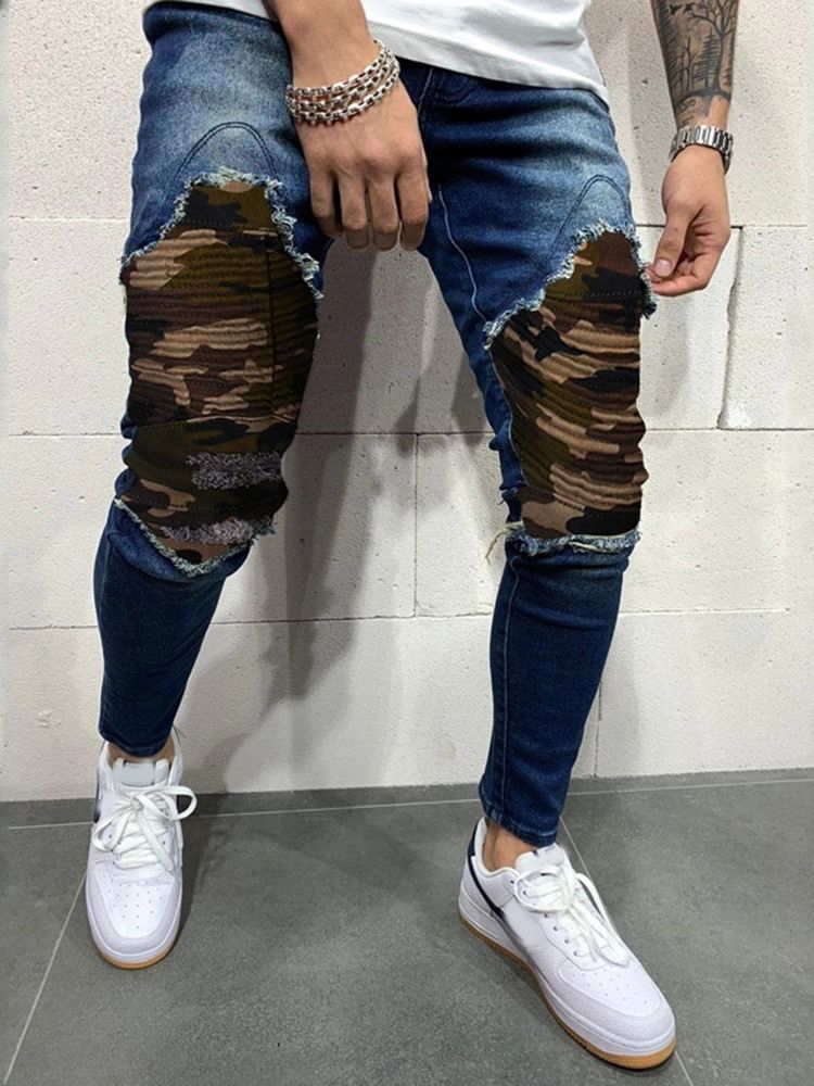 Camouflage Bleistifthosen Loch Casual Mid Waist Herren Jeans