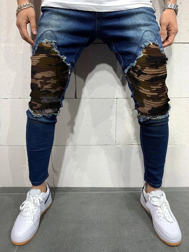 Camouflage Bleistifthosen Loch Casual Mid Waist Herren Jeans