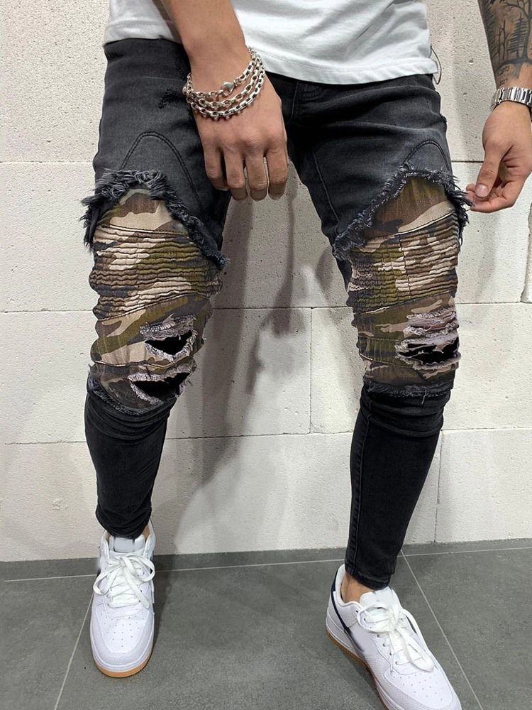 Camouflage Bleistifthosen Loch Casual Mid Waist Herren Jeans