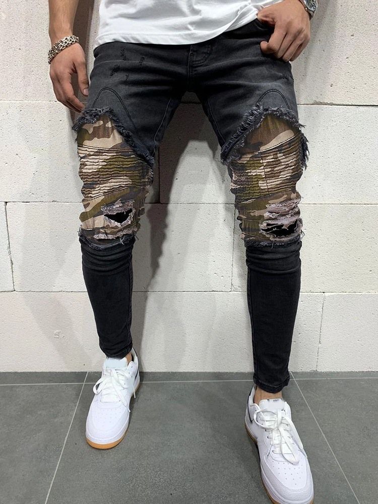 Camouflage Bleistifthosen Loch Casual Mid Waist Herren Jeans