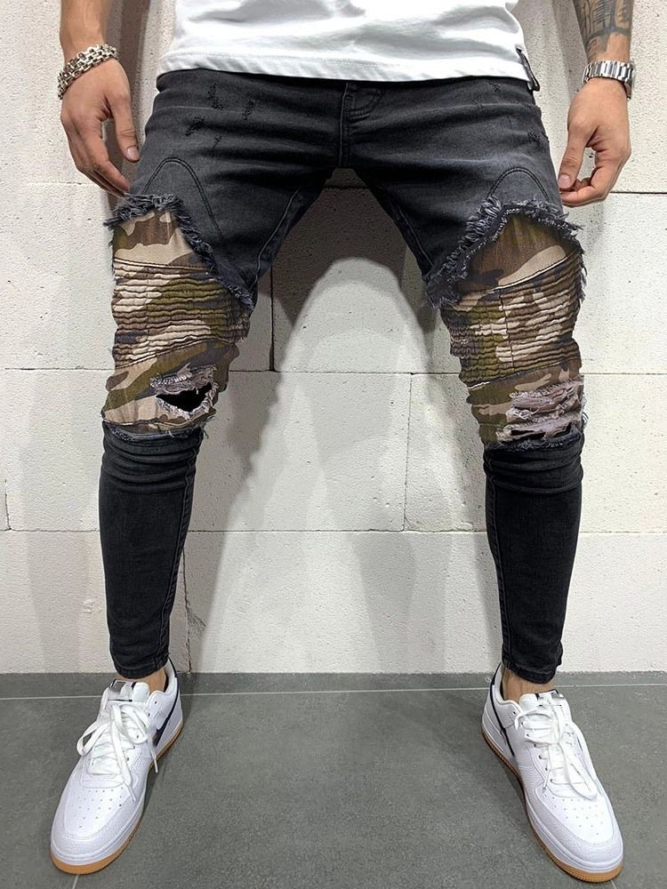 Camouflage Bleistifthosen Loch Casual Mid Waist Herren Jeans