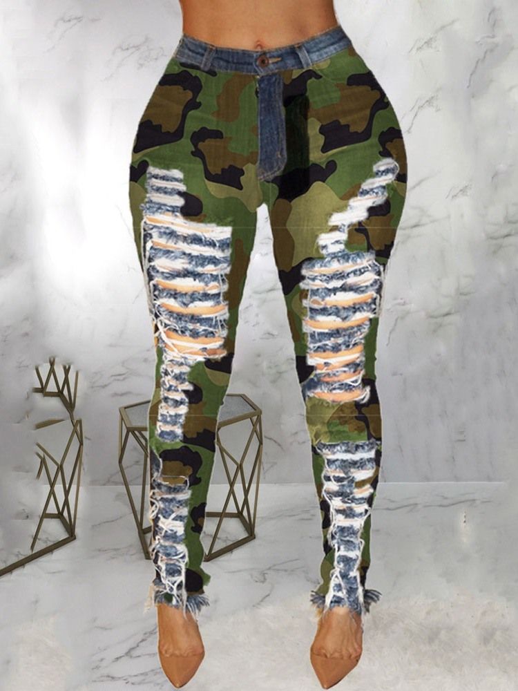 Camouflage Pencil Pants Patchwork Skinny Mid Waist Damen Jeans