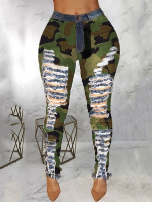 Camouflage Pencil Pants Patchwork Skinny Mid Waist Damen Jeans