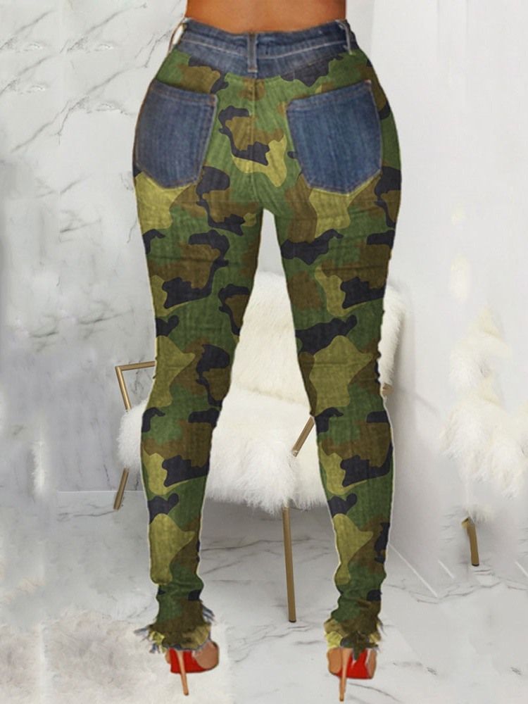 Camouflage Pencil Pants Patchwork Skinny Mid Waist Damen Jeans