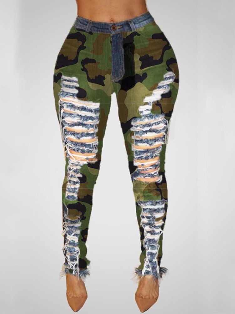 Camouflage Pencil Pants Patchwork Skinny Mid Waist Damen Jeans