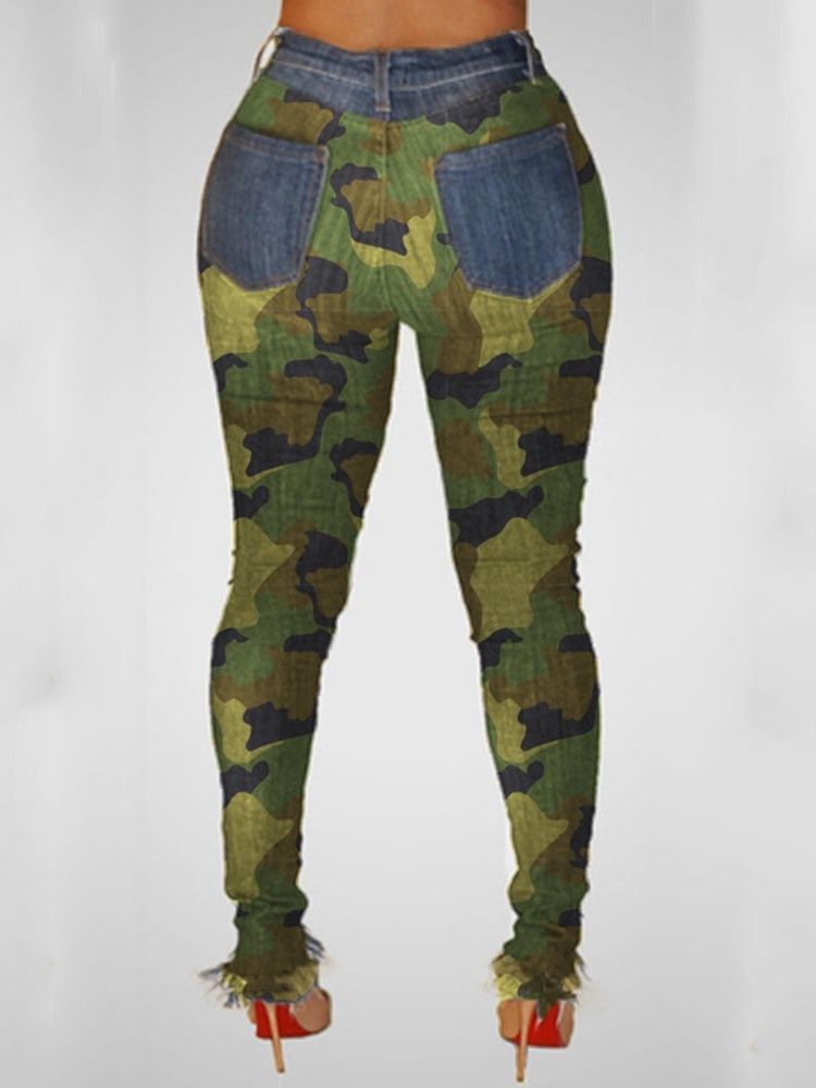 Camouflage Pencil Pants Patchwork Skinny Mid Waist Damen Jeans