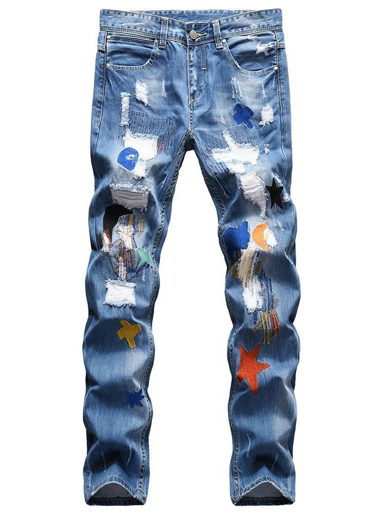 Color Block Loch Gerade Hip Hop Reißverschluss Herren Jeans