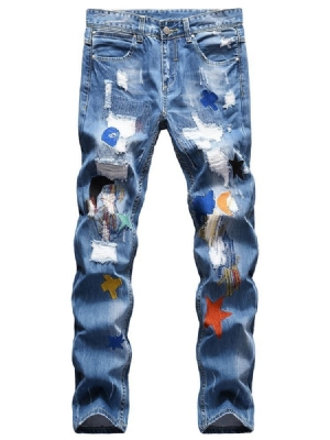 Color Block Loch Gerade Hip Hop Reißverschluss Herren Jeans