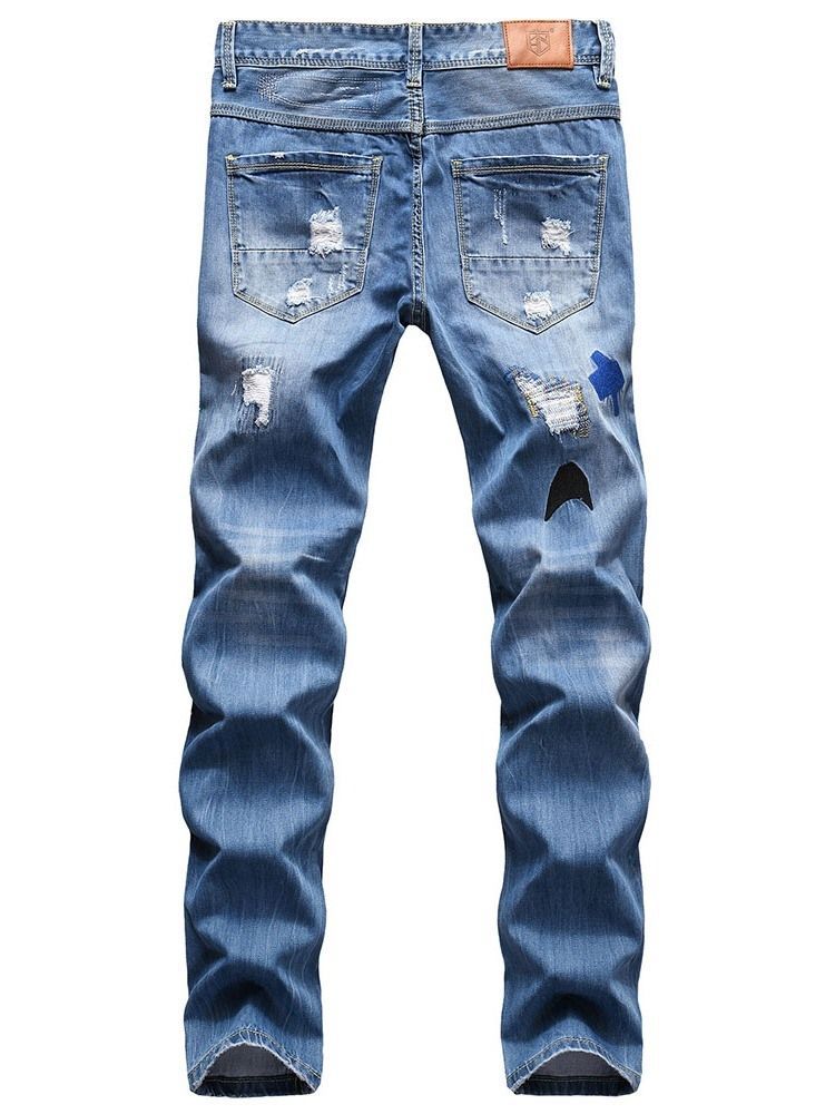 Color Block Loch Gerade Hip Hop Reißverschluss Herren Jeans