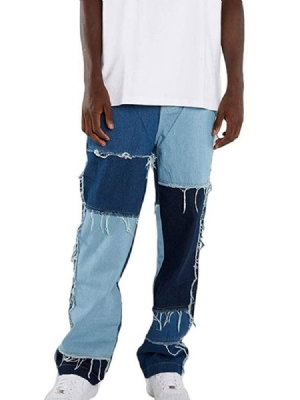 Color Block Patchwork Hip Hop Reißverschluss Herren Jeans