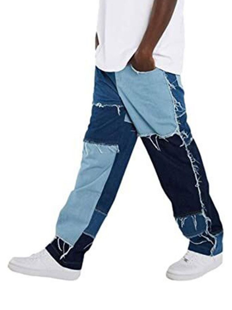 Color Block Patchwork Hip Hop Reißverschluss Herren Jeans