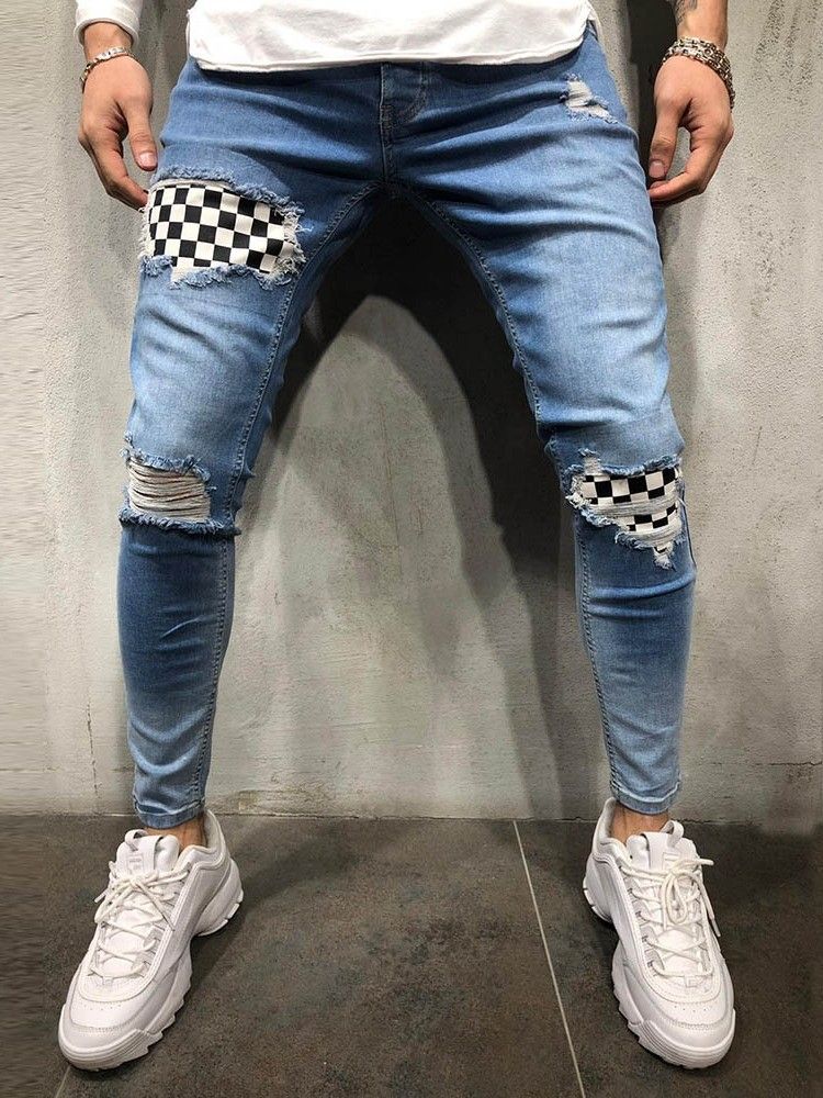 Color Block Thin Herren Jeans Mit Reißverschluss