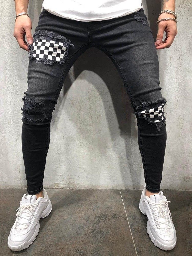 Color Block Thin Herren Jeans Mit Reißverschluss