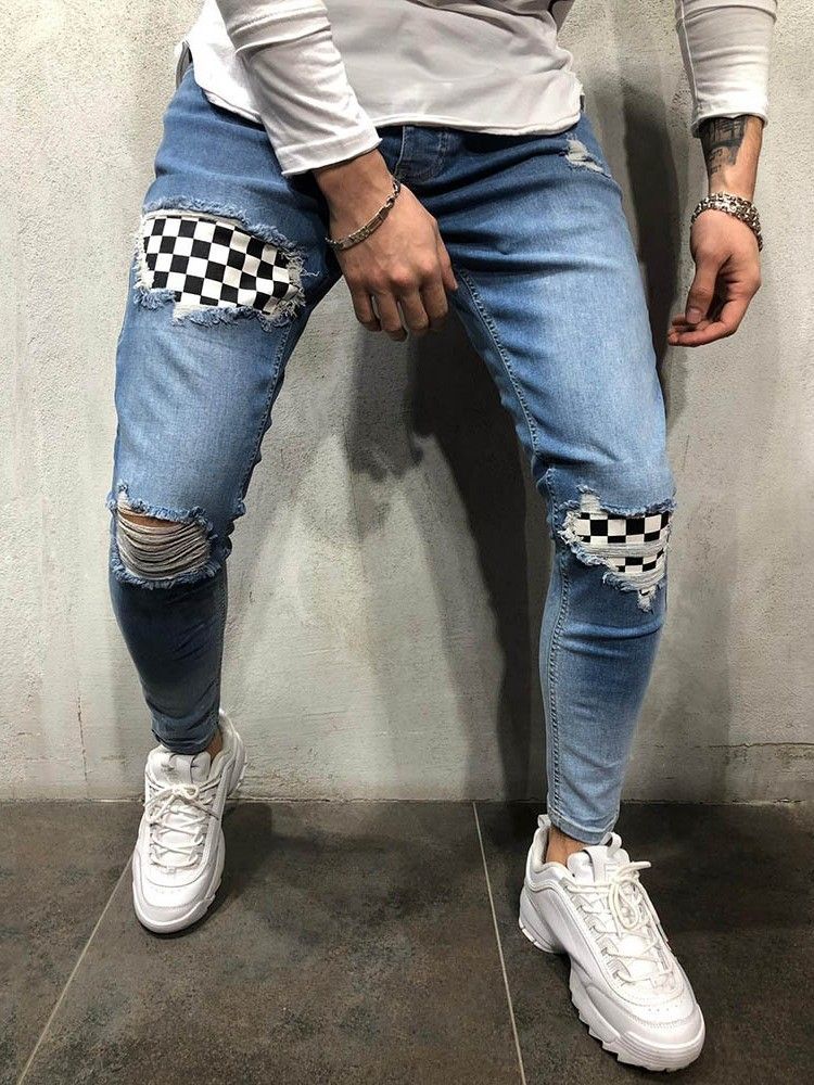 Color Block Thin Herren Jeans Mit Reißverschluss