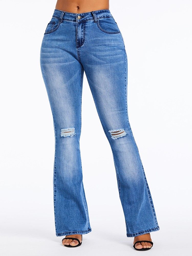 Damen Bellbottoms Hole Plain High Waist Zipper Jeans