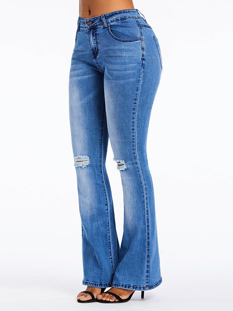 Damen Bellbottoms Hole Plain High Waist Zipper Jeans