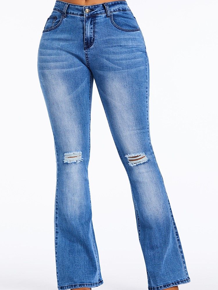 Damen Bellbottoms Hole Plain High Waist Zipper Jeans