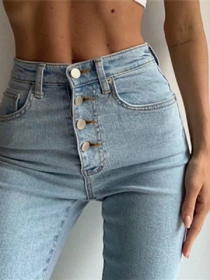 Damen-bleistifthose Waschbar Einfarbige Jeans Mit Mittlerer Taille Und Knöpfen