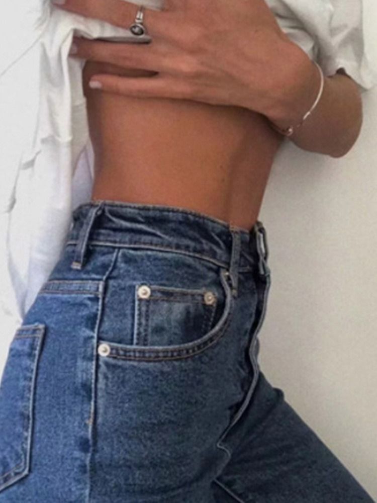 Damen-bleistifthose Waschbar Einfarbige Jeans Mit Mittlerer Taille Und Knöpfen