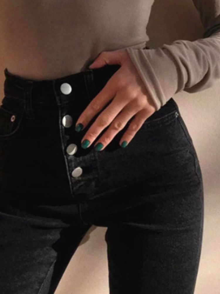 Damen-bleistifthose Waschbar Einfarbige Jeans Mit Mittlerer Taille Und Knöpfen