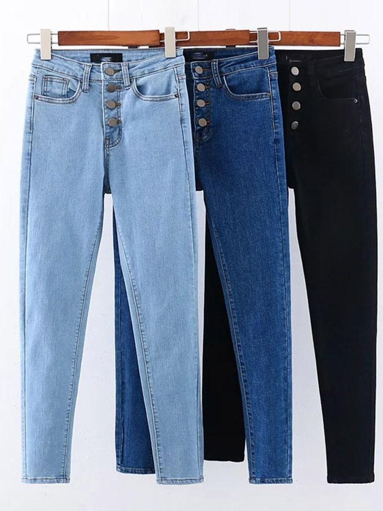 Damen-bleistifthose Waschbar Einfarbige Jeans Mit Mittlerer Taille Und Knöpfen