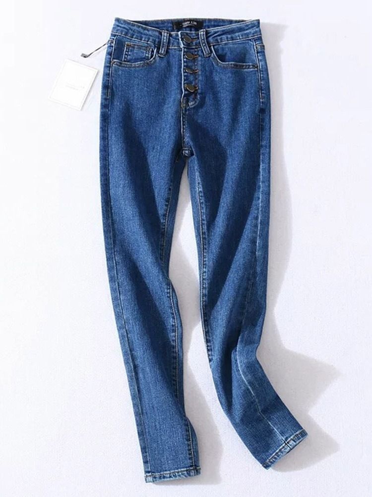 Damen-bleistifthose Waschbar Einfarbige Jeans Mit Mittlerer Taille Und Knöpfen