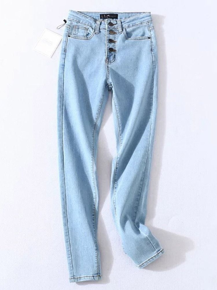 Damen-bleistifthose Waschbar Einfarbige Jeans Mit Mittlerer Taille Und Knöpfen