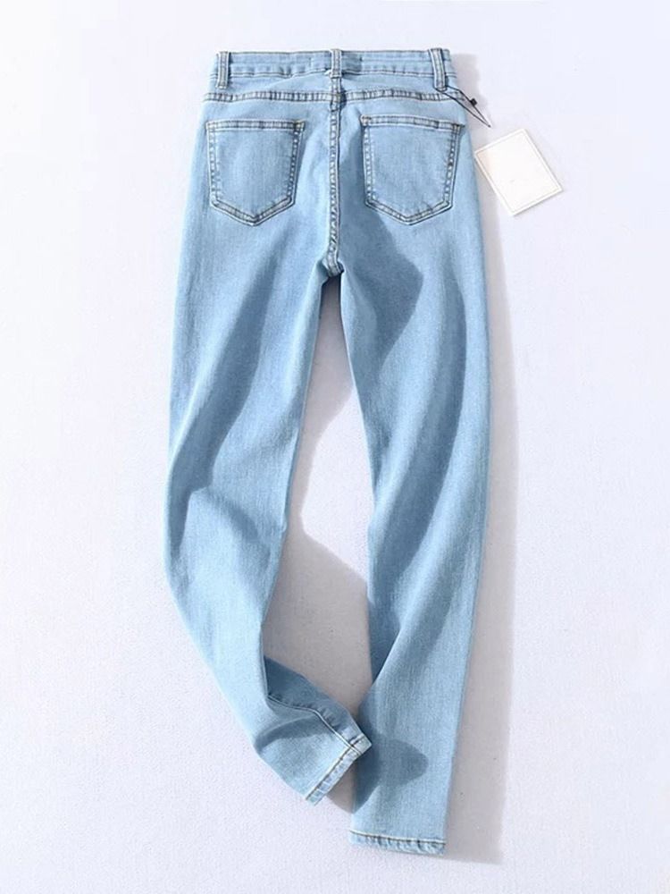 Damen-bleistifthose Waschbar Einfarbige Jeans Mit Mittlerer Taille Und Knöpfen