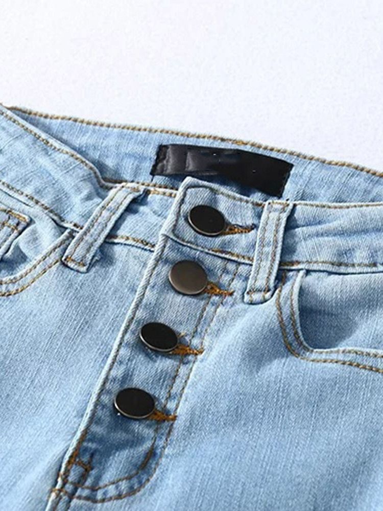 Damen-bleistifthose Waschbar Einfarbige Jeans Mit Mittlerer Taille Und Knöpfen