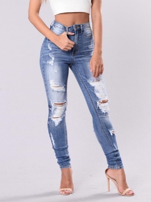 Damen Einfarbig Zerrissene Waschbare Slim Jeans