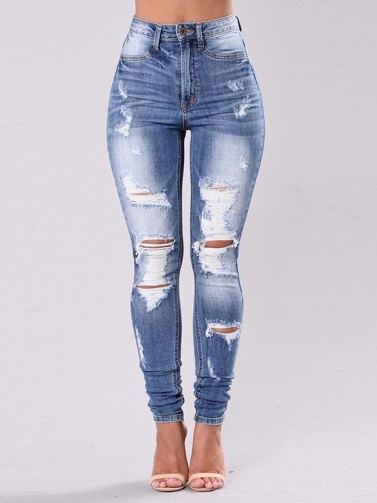 Damen Einfarbig Zerrissene Waschbare Slim Jeans