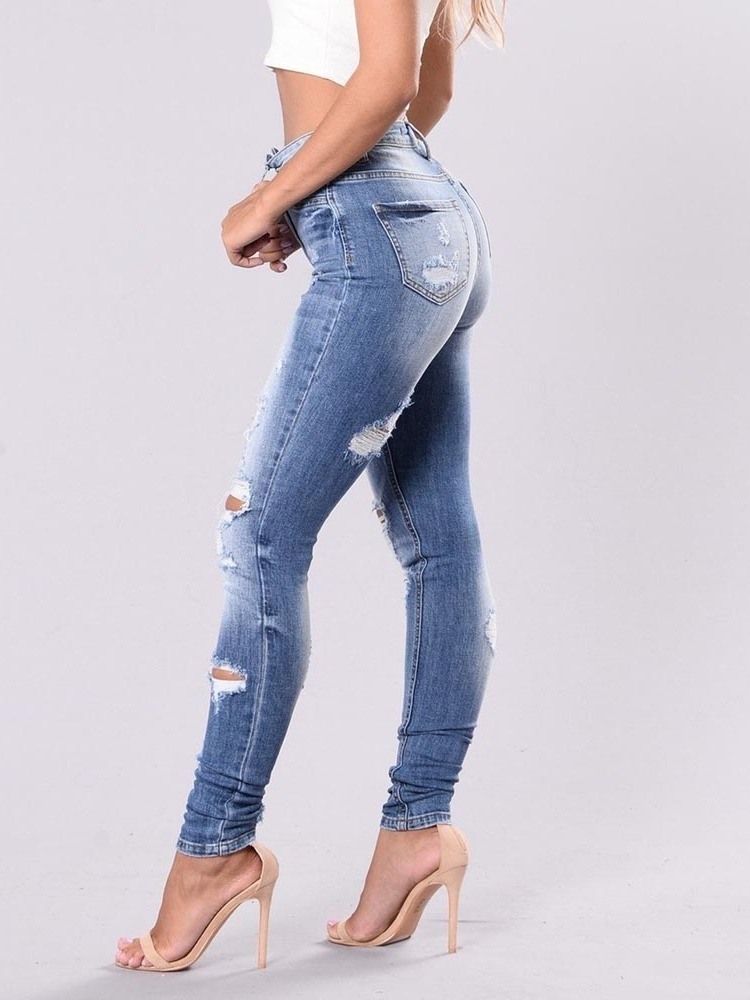 Damen Einfarbig Zerrissene Waschbare Slim Jeans