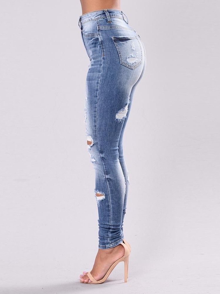 Damen Einfarbig Zerrissene Waschbare Slim Jeans