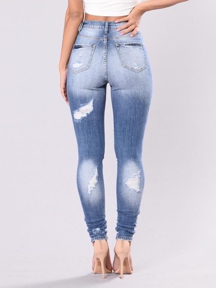 Damen Einfarbig Zerrissene Waschbare Slim Jeans