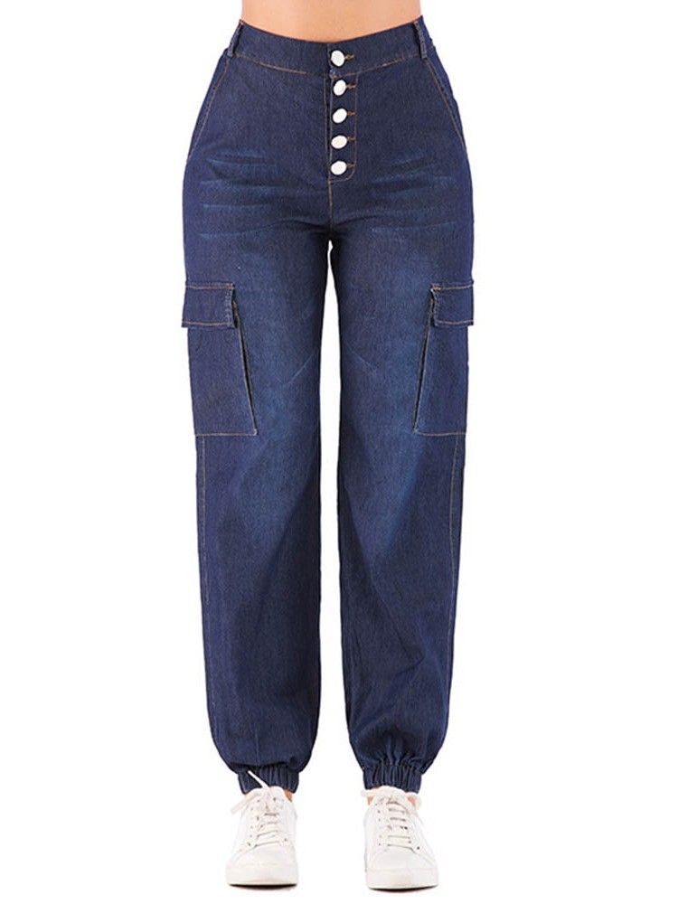 Damen Einfarbige Knickerbocker Mit Knöpfen Lockere Jeans