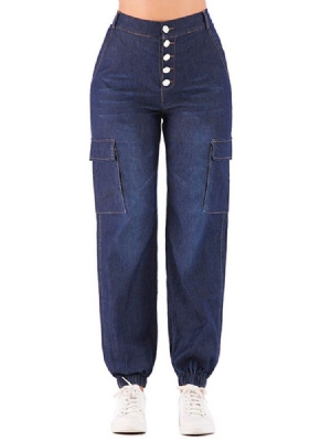 Damen Einfarbige Knickerbocker Mit Knöpfen Lockere Jeans