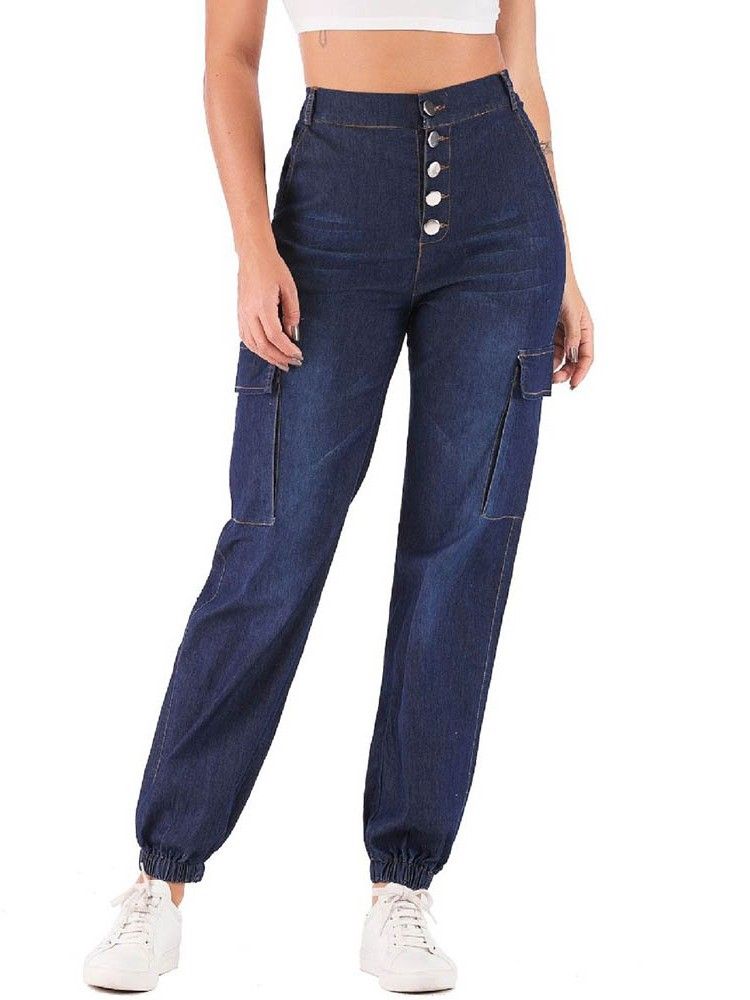 Damen Einfarbige Knickerbocker Mit Knöpfen Lockere Jeans