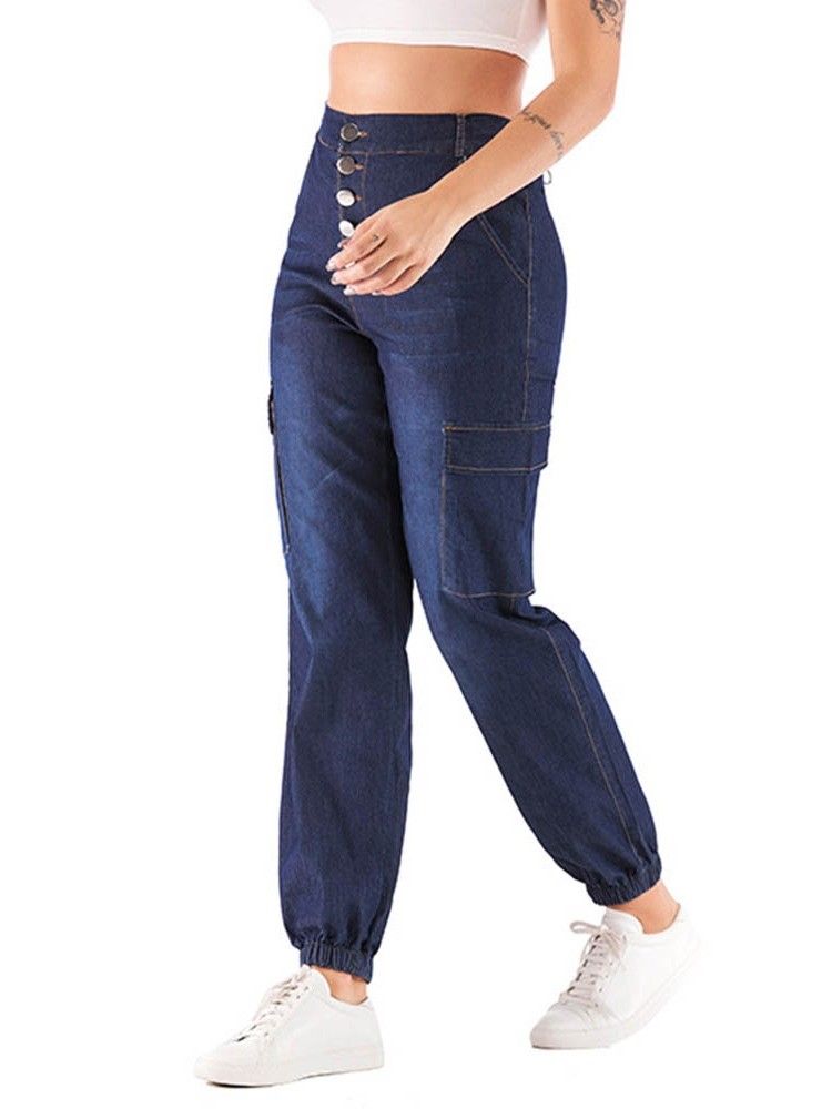 Damen Einfarbige Knickerbocker Mit Knöpfen Lockere Jeans