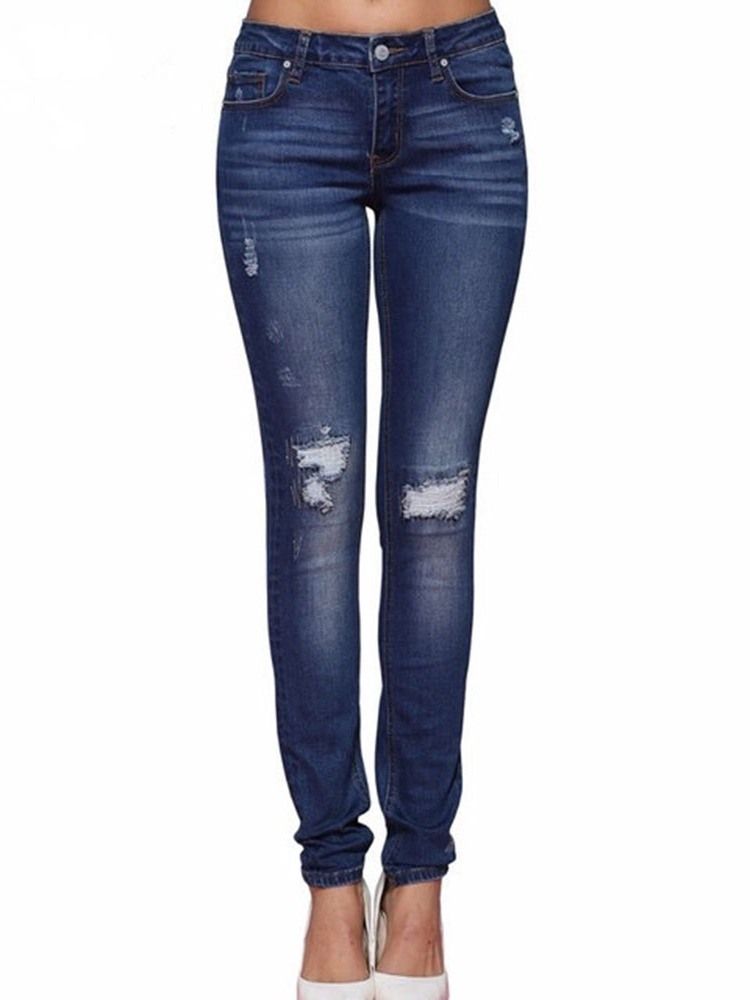 Damen Getragene Schlichte Bleistifthosen Slim Jeans Mit Knöpfen