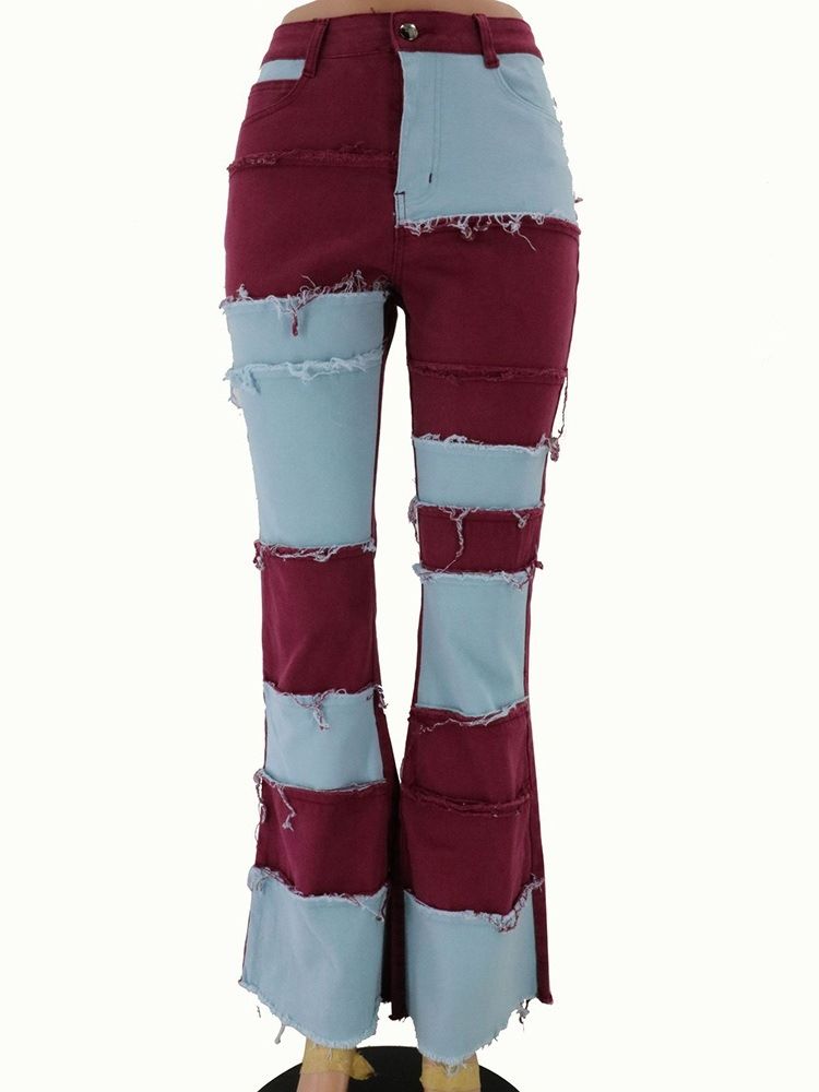 Damen-knöpfe Color Block Schlaghose Slim Zipper Jeans