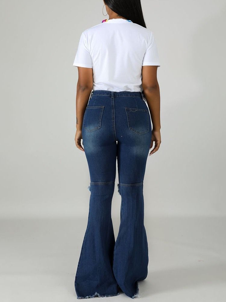 Damen Loch Schlaghose Reißverschluss Slim Jeans