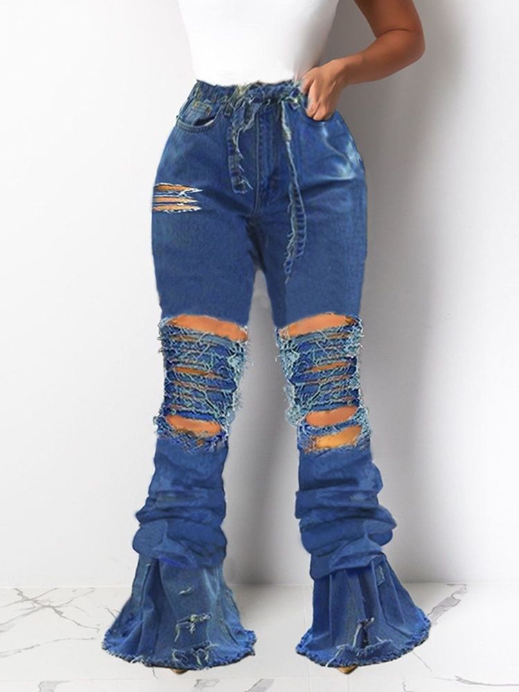 Damen-schlaghose Mit Schlichtem Loch Und Hoher Taille Schmale Jeans