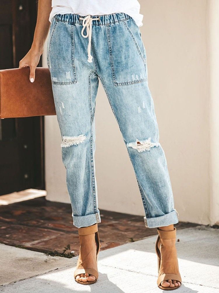 Damen-schnür-jeans Mit Einfarbigen Taschen Und Gummizügen