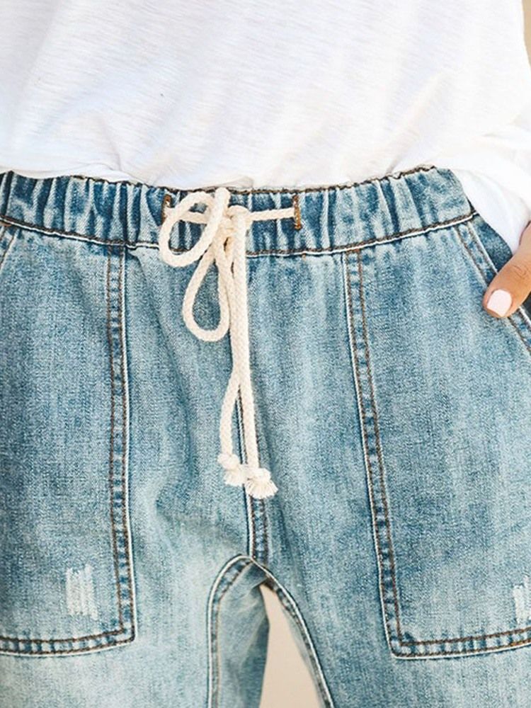 Damen-schnür-jeans Mit Einfarbigen Taschen Und Gummizügen