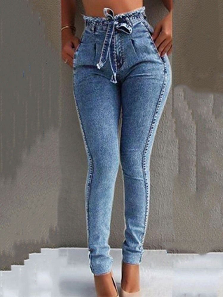 Damen-schnürjeans Mit Hoher Taille Und Einfarbiger Schleife